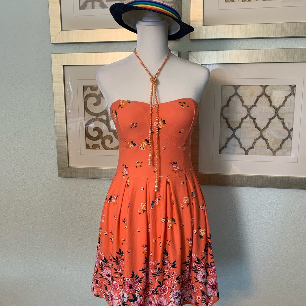 Orange Floral Removable Strap Dress